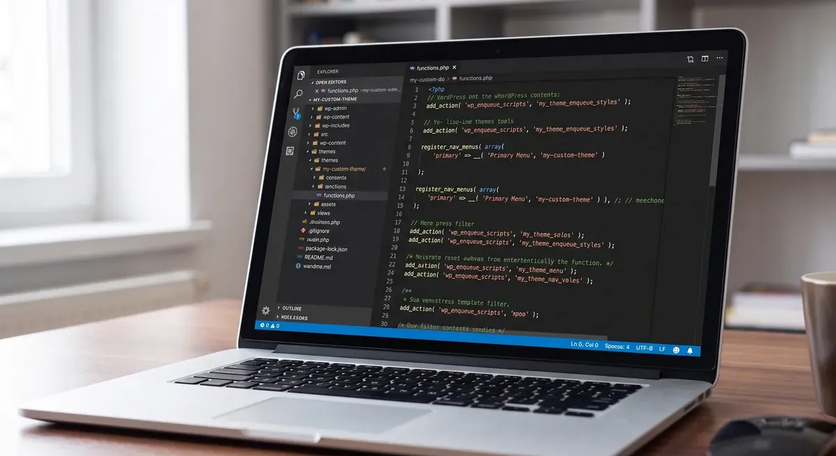 Laptop na biurku z otwartym plikiem functions.php w edytorze kodu