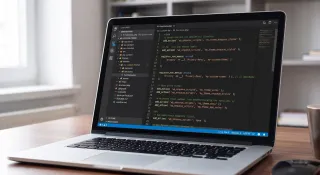 Laptop na biurku z otwartym plikiem functions.php w edytorze kodu